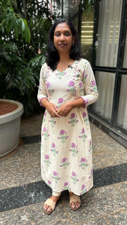 Maanvi Cotton A-Line Kurti with Pintuck & Potli Button Detail | Elegant Neck Ethnic Wear with Pockets for Women
