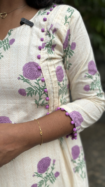Maanvi Cotton A-Line Kurti with Pintuck & Potli Button Detail | Elegant Neck Ethnic Wear with Pockets for Women