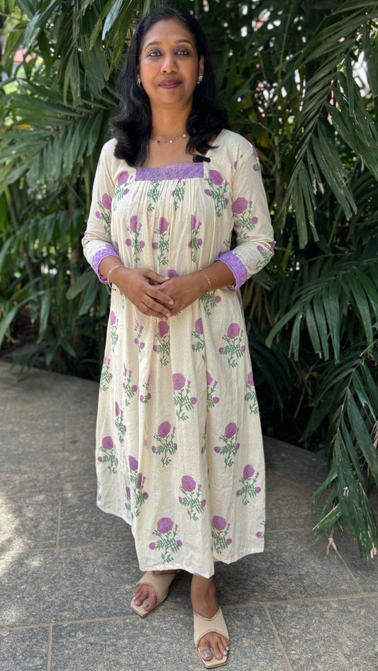 Maanvi A-Line Kurti with Square Neck & Lace Detail | Gathered Chest Design Ethnic Wear for Women