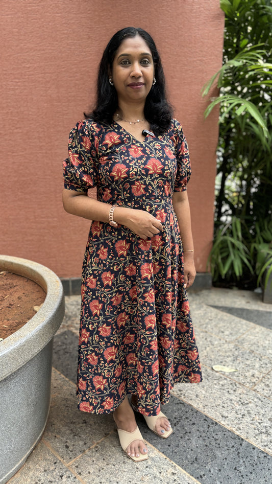 Maanvi Cotton Umbrella Frock with V-Neck & Puff Sleeve Detail | Stylish Ethnic Wear for Women