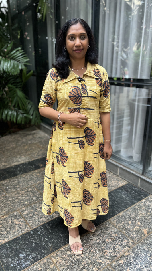 Maanvi Mustard Yellow Cotton A-Line Frock Style Kurti with Big Print & Shirt Collar Neck | Elegant Ethnic Wear for Women