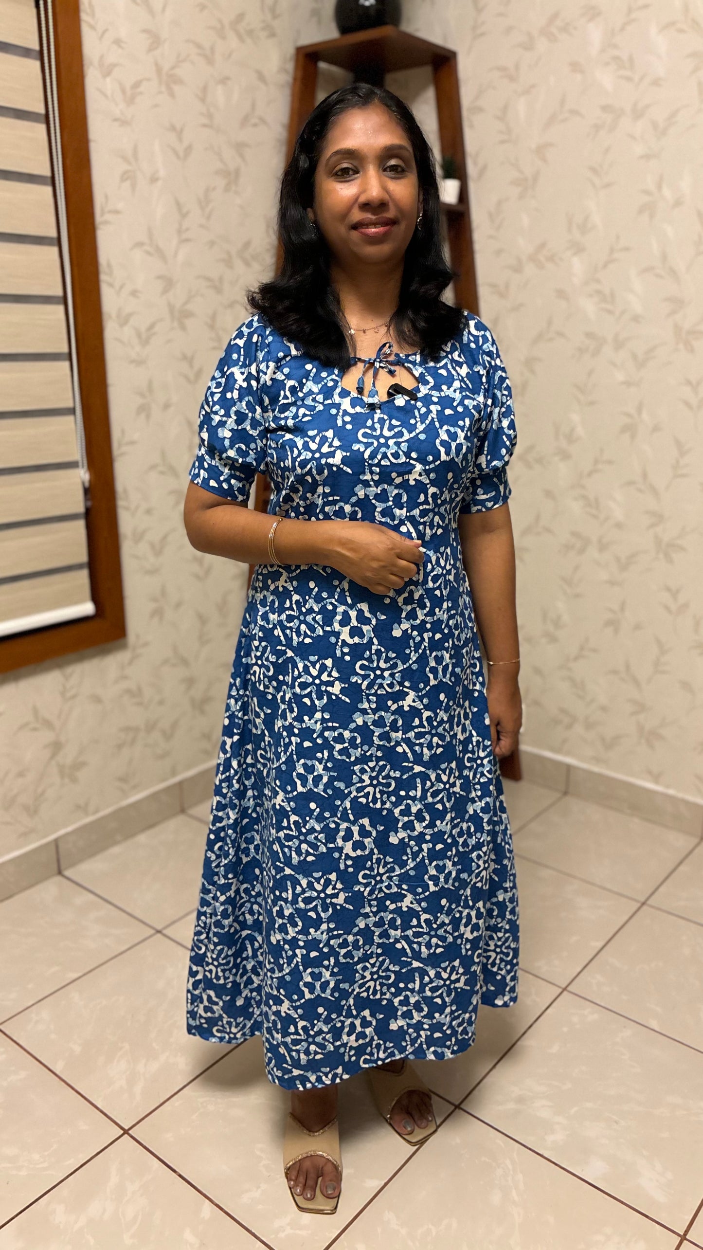 Maanvi Blue A-Line Kurti with Knot Neck Detail & Puff Sleeve Design | MA-2002