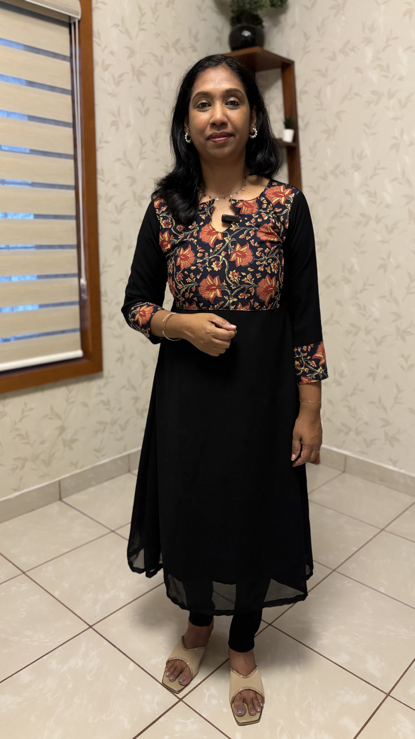 Maanvi Faux Georgette A-Line Kurti with Cotton Patch Work & Designer Neck | MA-2003