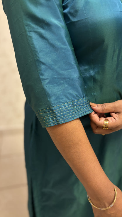 Maanvi Peacock Green Silk Cotton Co-ord Set with Running Stitch Detail & Palazzo Pant | MA-2008