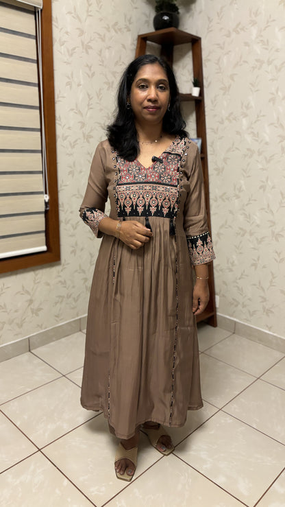 Maanvi Mul Chanderi Co-ord Set with Ajrakh Patch Work, Mirror & Sequin Detail | Semi Palazzo Set | MA-2010