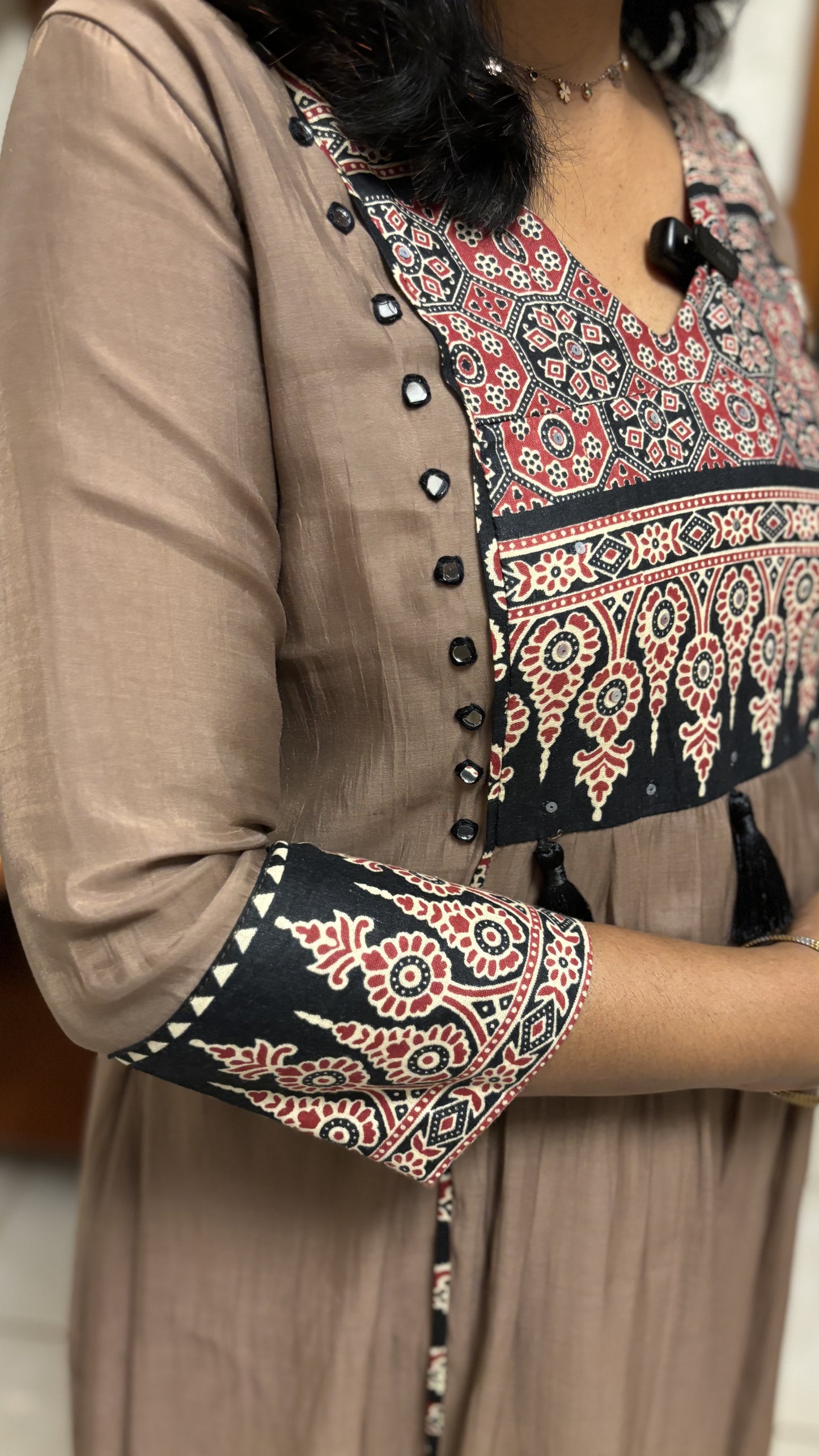 Maanvi Mul Chanderi Co-ord Set with Ajrakh Patch Work, Mirror & Sequin Detail | Semi Palazzo Set | MA-2010