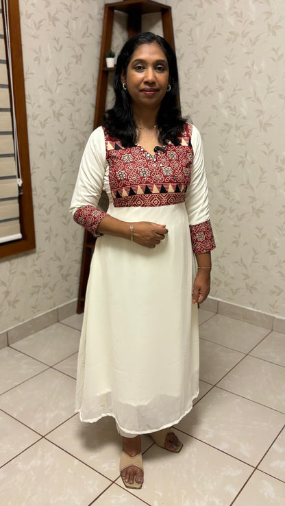 Maanvi Off White Georgette A-Line Kurti with Ajrakh Patch Work & Mirror Detail | MA-2011