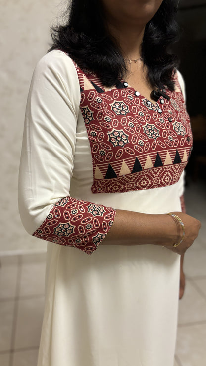 Maanvi Off White Georgette A-Line Kurti with Ajrakh Patch Work & Mirror Detail | MA-2011