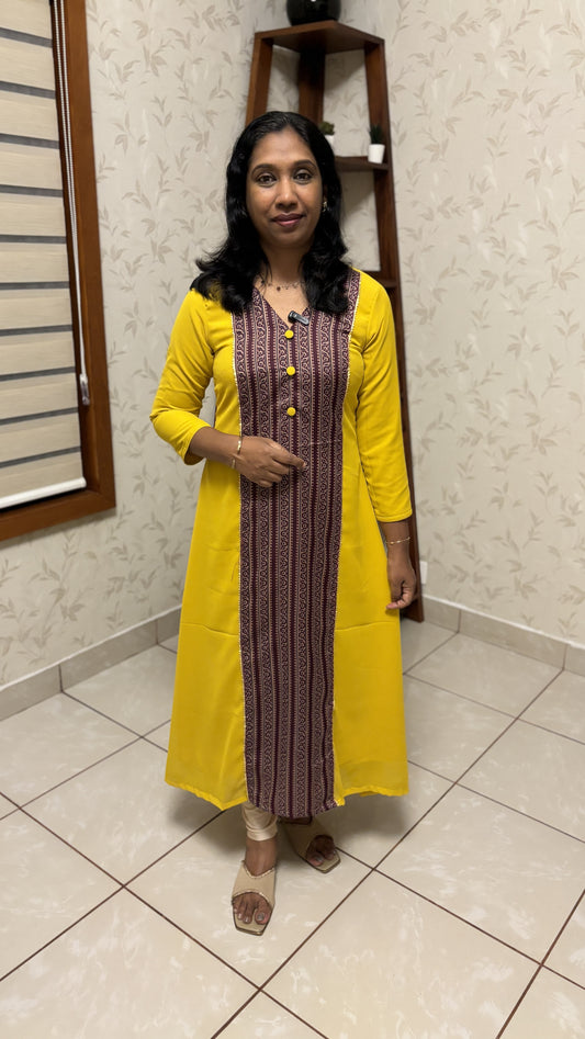 Maanvi Mustard Yellow Georgette Kurti with Maroon Patch Work & Lace Detail | MA-2014