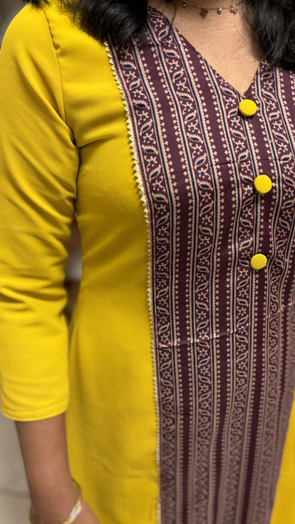 Maanvi Mustard Yellow Georgette Kurti with Maroon Patch Work & Lace Detail | MA-2014