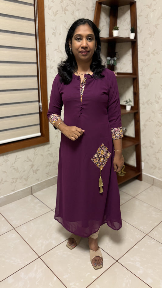 Maanvi Grape Wine Georgette Kurti with Designer Patch Work & Potli Button Detail | MA-2013