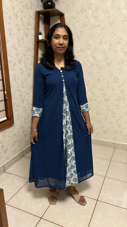 Maanvi Teal Blue Georgette Kurti with Pleated Patch Work & V-Neck Button Detail | MA-2012
