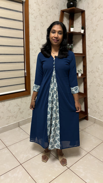 Maanvi Teal Blue Georgette Kurti with Pleated Patch Work & V-Neck Button Detail | MA-2012