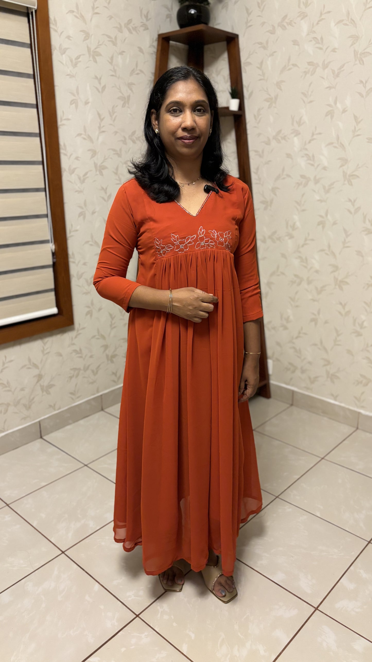 Maanvi Burnt Orange Georgette Co-ord Set with Ari Work & Sugar Bead Detail | Semi Palazzo Party Wear Set | MA-2015