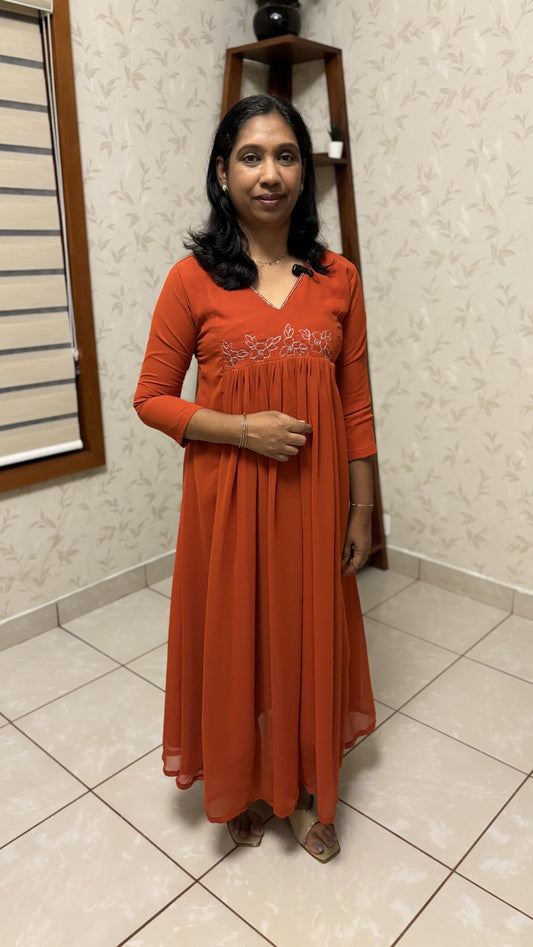 Maanvi Burnt Orange Georgette Co-ord Set with Ari Work & Sugar Bead Detail | Semi Palazzo Party Wear Set | MA-2015