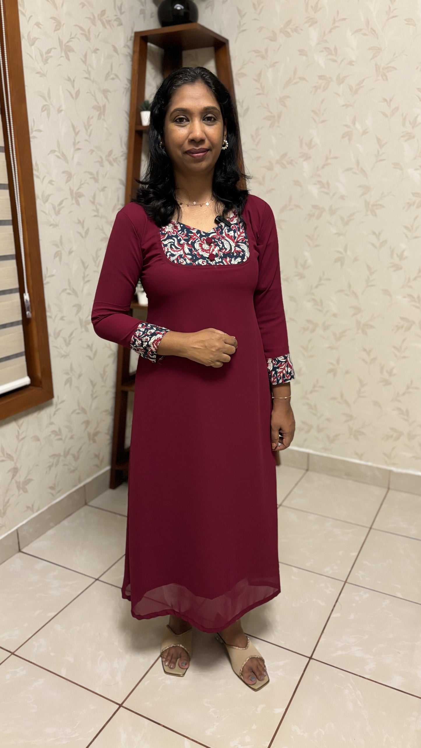 Maanvi Maroon Georgette A-Line Kurti with Patch Work & Potli Button Detail | MA-2016