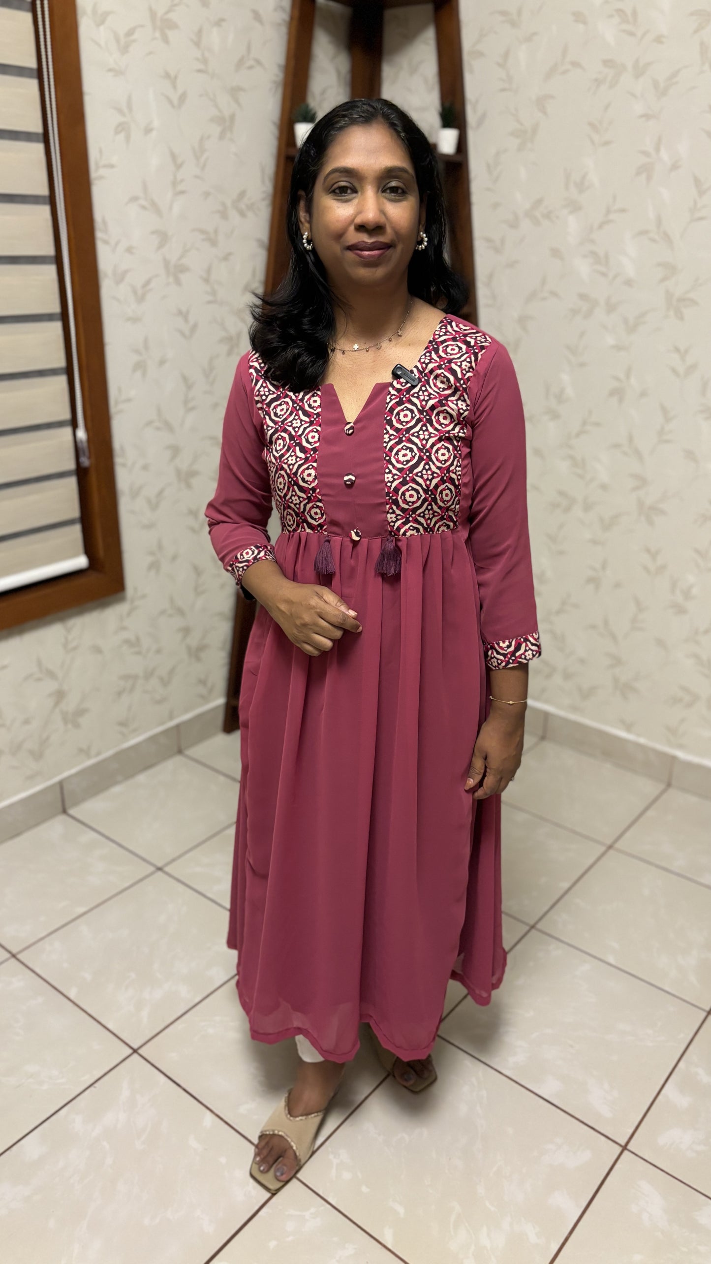 Maanvi Mauve Georgette A-Line Kurti with Patch Work, Tassel & Button Detail | MA-2018