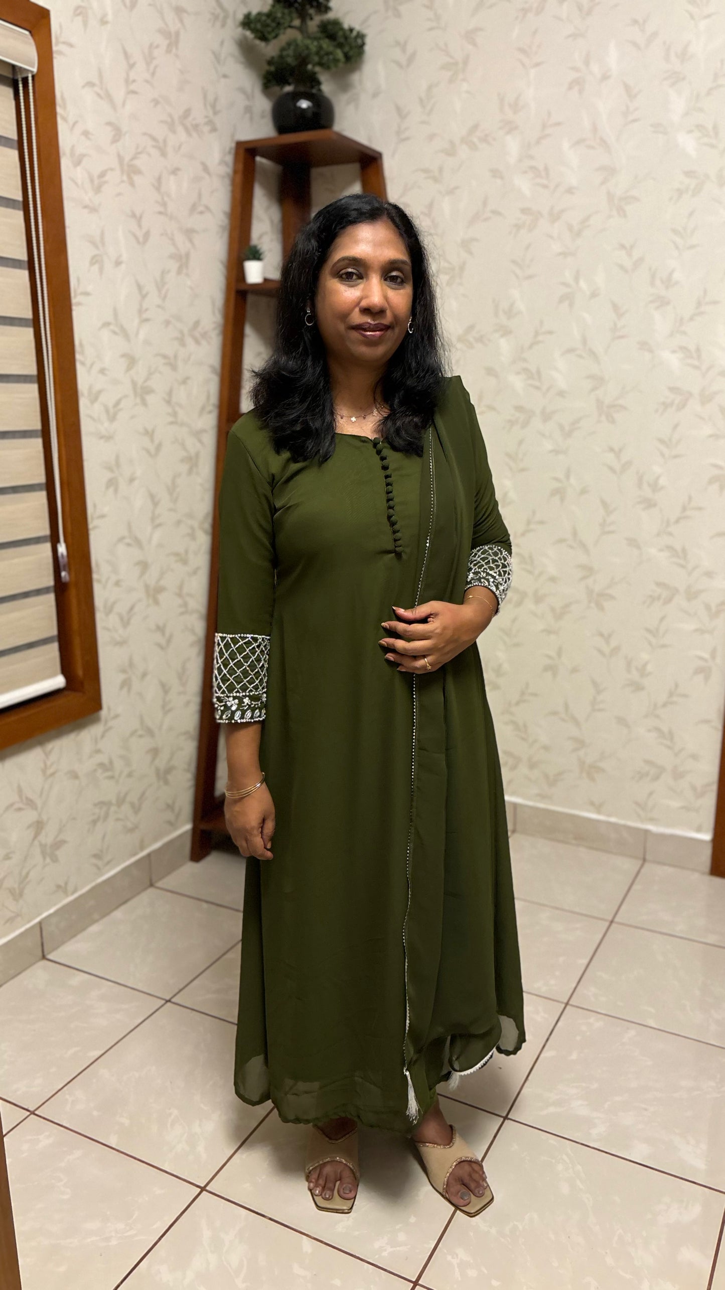 Maanvi Forest Green Georgette A-Line Kurti with Dupatta & Handwork Sleeve Detail | Party Wear Set | MA-2019