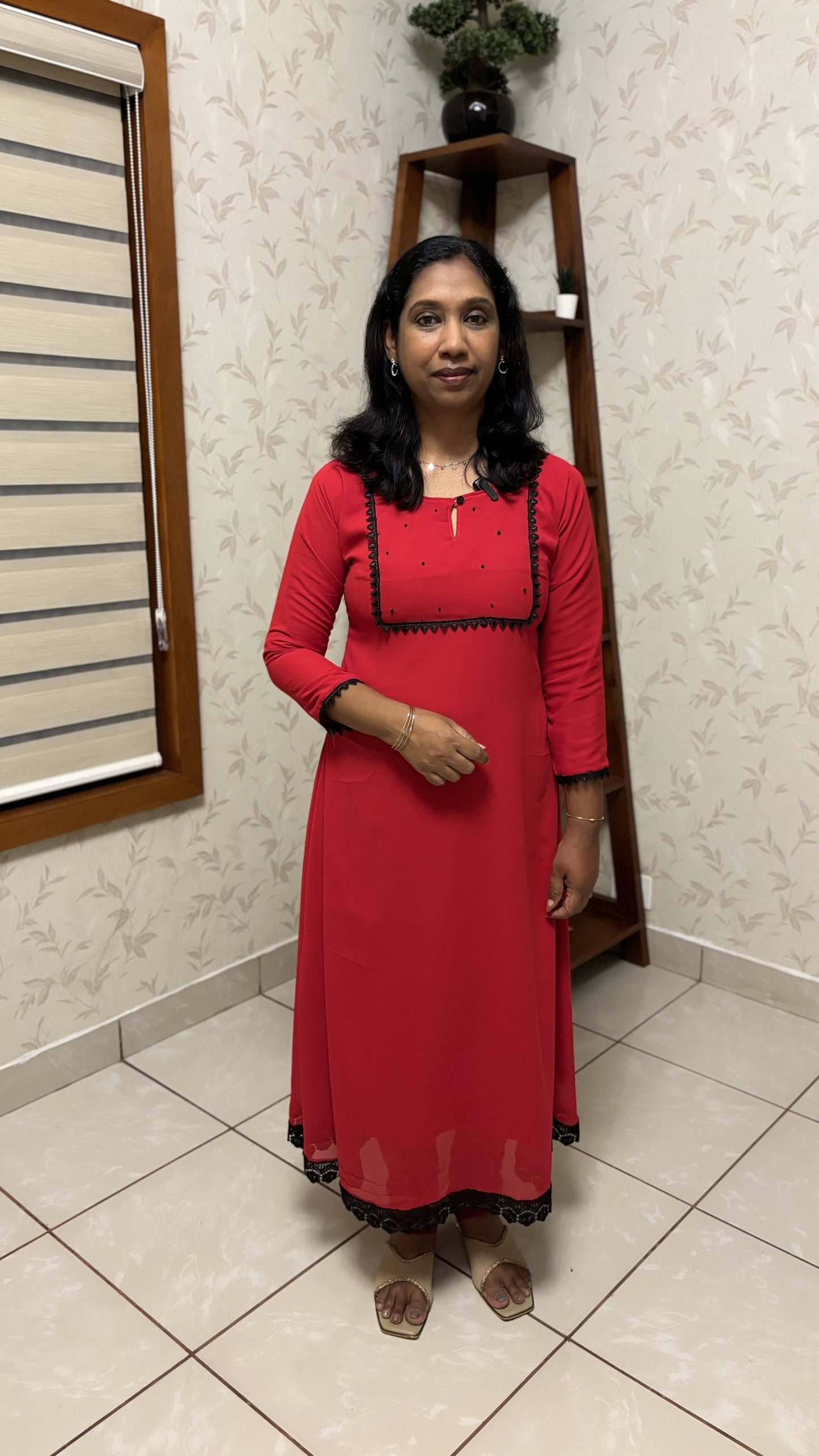 Maanvi Red Georgette A-Line Kurti with Black Lace Detail & French Knot Work | MA-2020