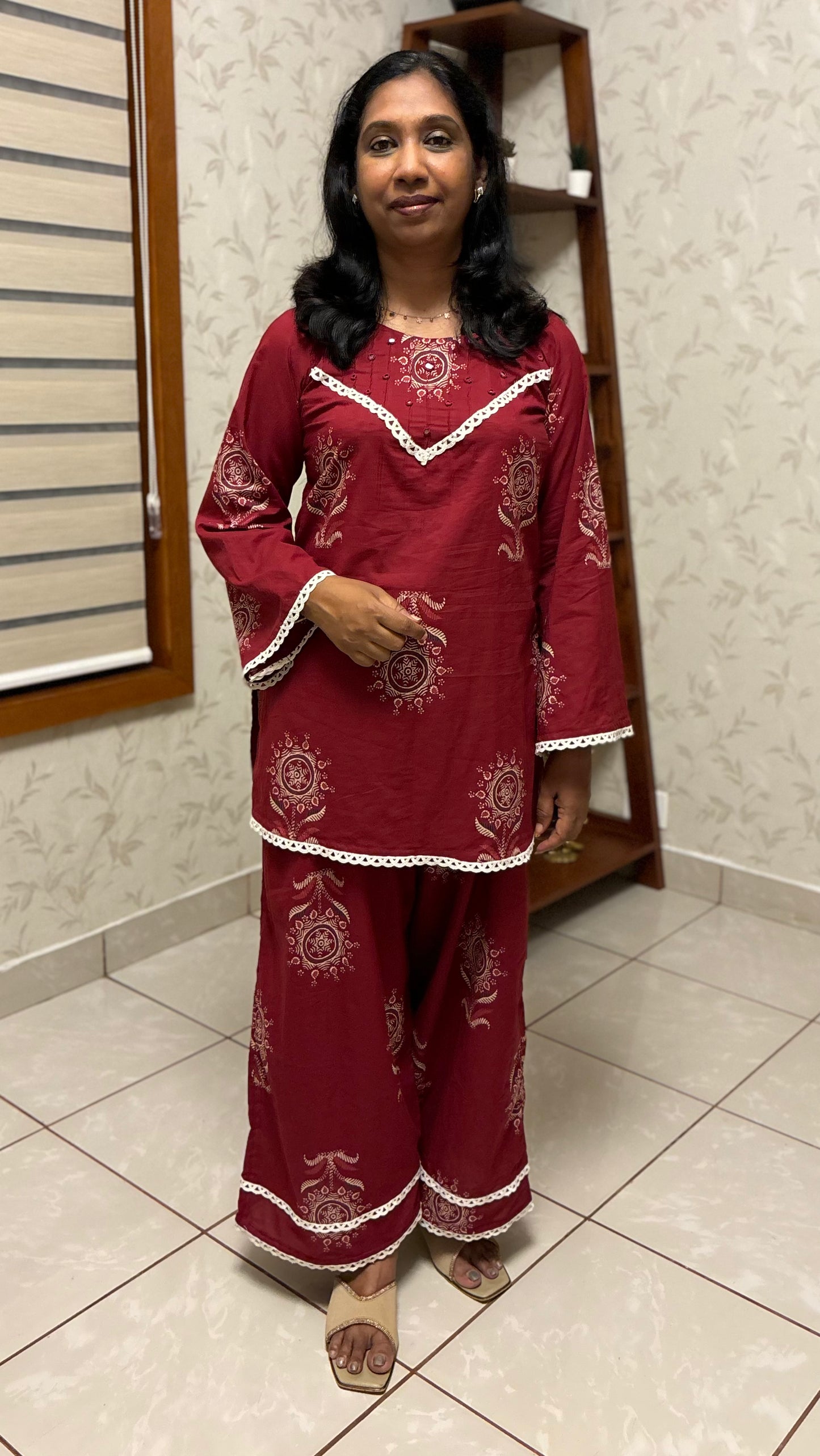 Maanvi Jaipur Cotton Co-ord Set with Pintuck, Mirror & Lace Detail | Palazzo Set | MA-2022