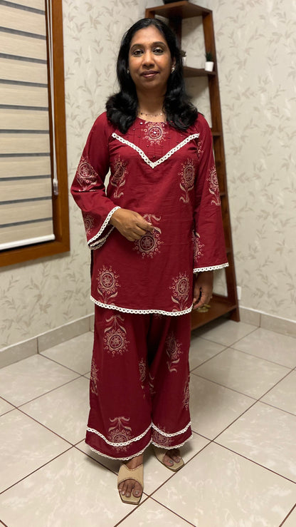 Maanvi Jaipur Cotton Co-ord Set with Pintuck, Mirror & Lace Detail | Palazzo Set | MA-2022