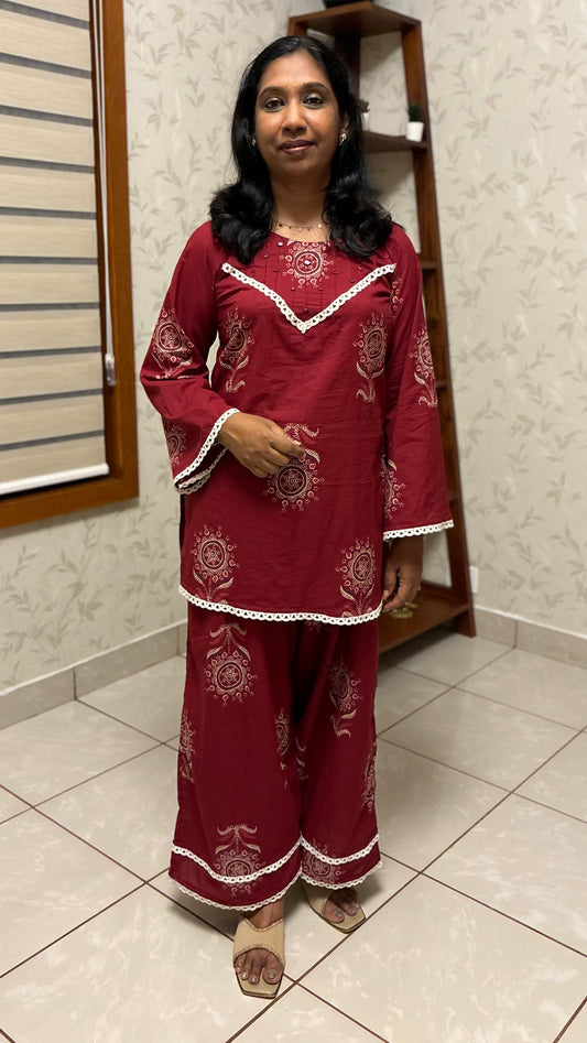 Maanvi Jaipur Cotton Co-ord Set with Pintuck, Mirror & Lace Detail | Palazzo Set | MA-2022