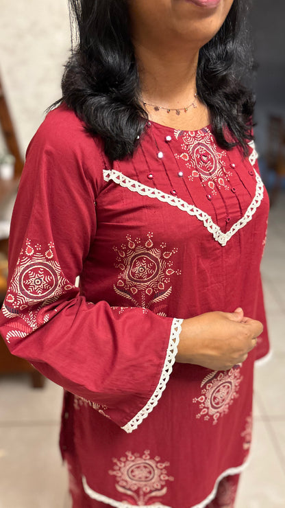 Maanvi Jaipur Cotton Co-ord Set with Pintuck, Mirror & Lace Detail | Palazzo Set | MA-2022