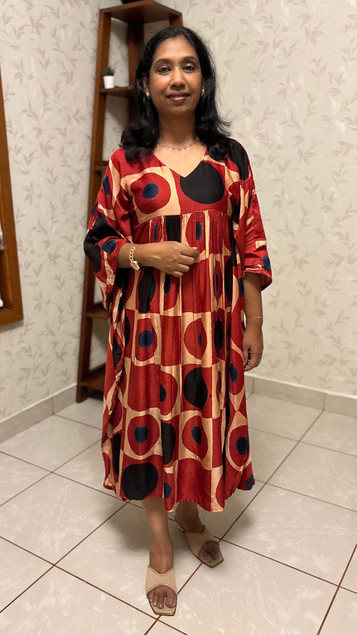 Maanvi Modal Silk Kaftan with Polka Dot Print & Gather Detail | MA-2023