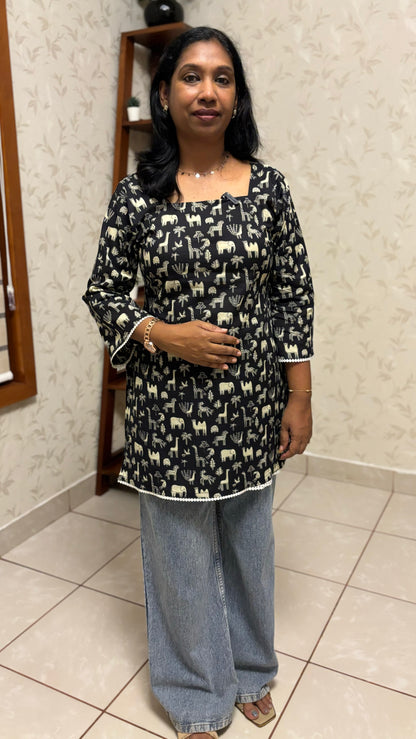 Maanvi Animal Print Short Kurti with Back Loop Detail & Bell Sleeves | MA-2026