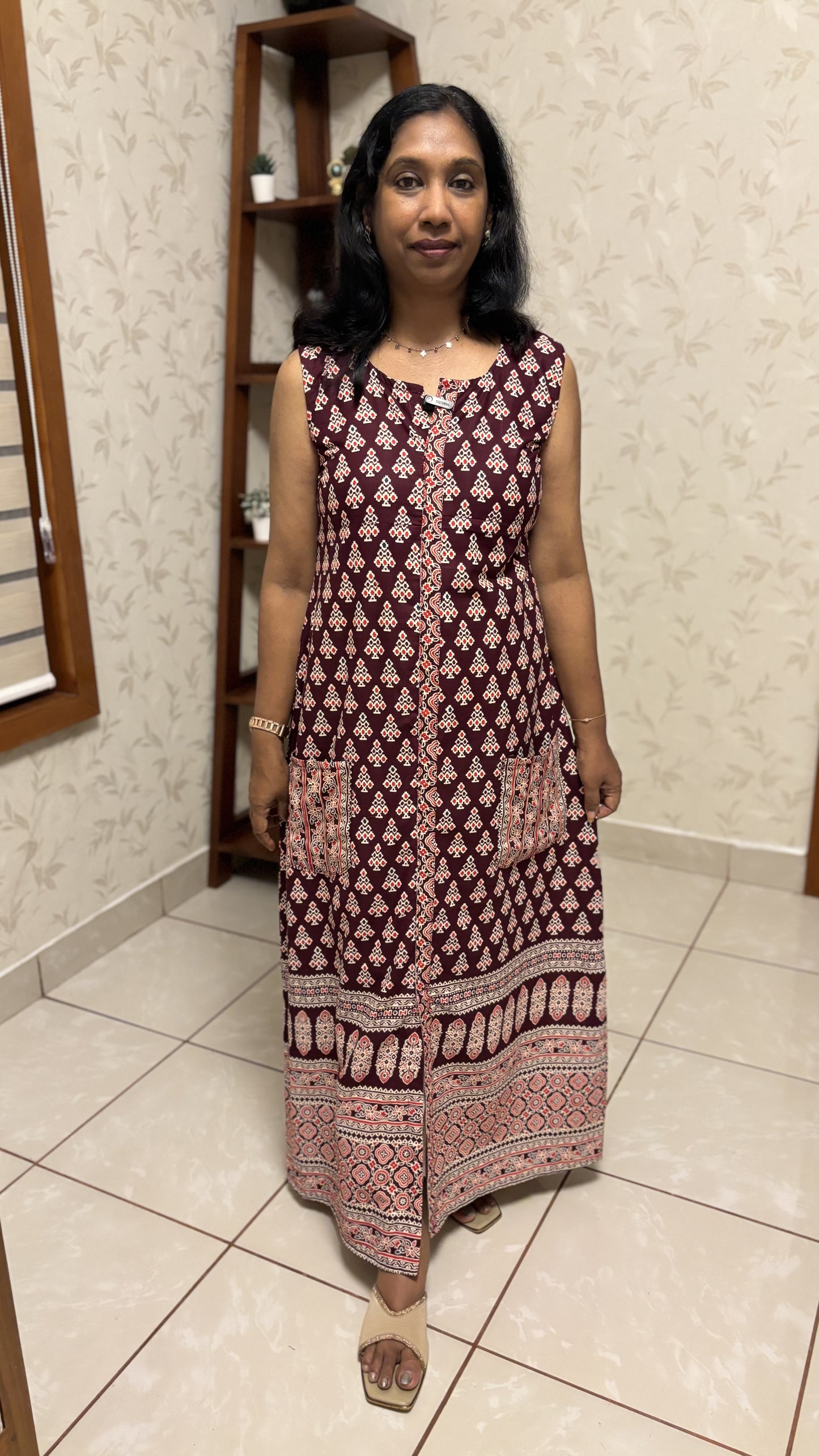 Maanvi Pure Cotton Ajrakh Sleeveless Kurti with Boat V-Neck & Pocket Detail | MA-2024