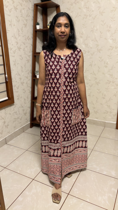Maanvi Pure Cotton Ajrakh Sleeveless Kurti with Boat V-Neck & Pocket Detail | MA-2024