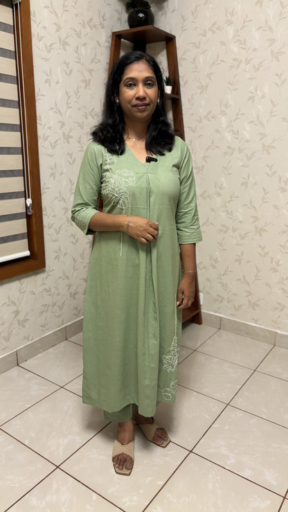 Maanvi Olive Green Pure Cotton A-Line Co-ord Set with Hand Embroidery & Kantha Work Detail | Semi Palazzo Set | MA-2027