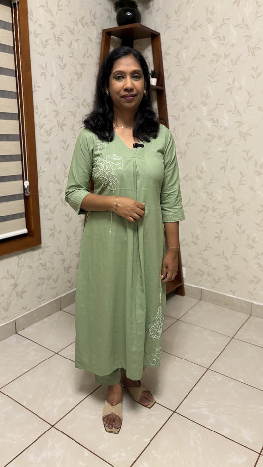 Maanvi In-House Olive Green Pure Cotton A-Line Co-ord Set with Hand Embroidery & Kantha Work Detail | Semi Palazzo Set | MA-2027