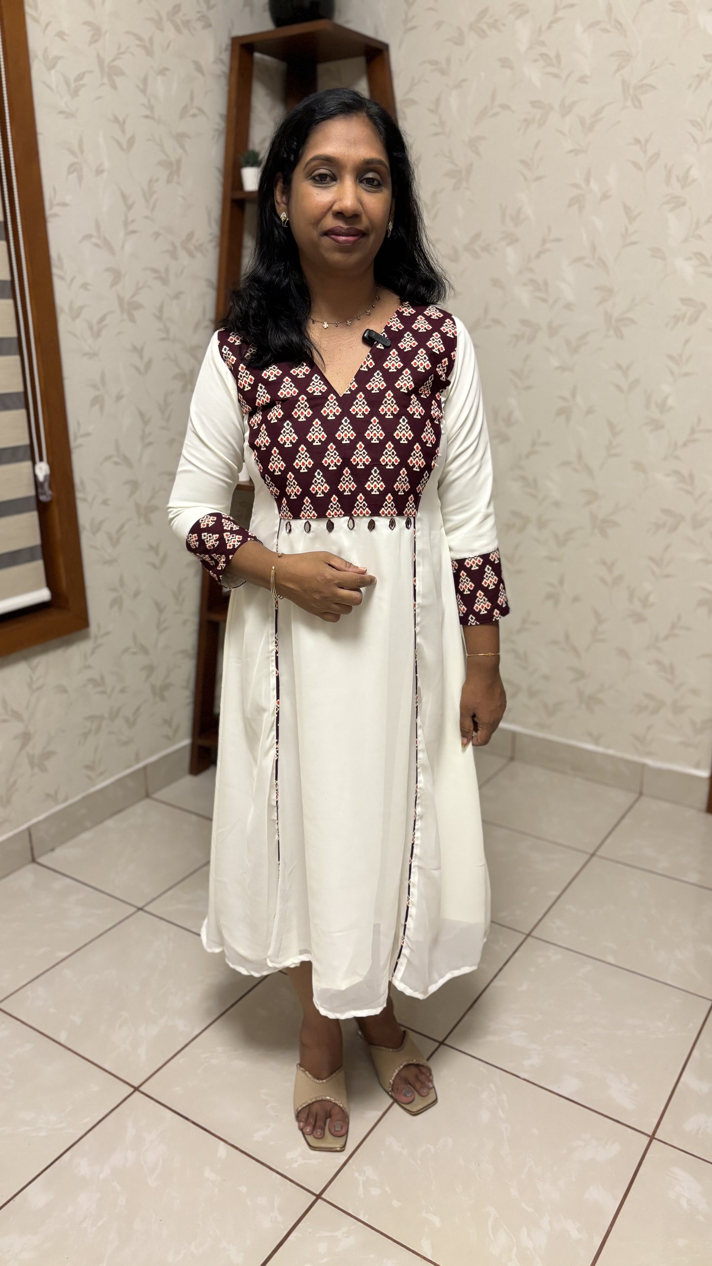 Maanvi Off White Georgette A-Line Kurti with Ajrakh Print & Mirror Work Detail | MA-2029