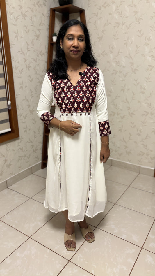 Maanvi Off White Georgette A-Line Kurti with Ajrakh Print & Mirror Work Detail | MA-2029