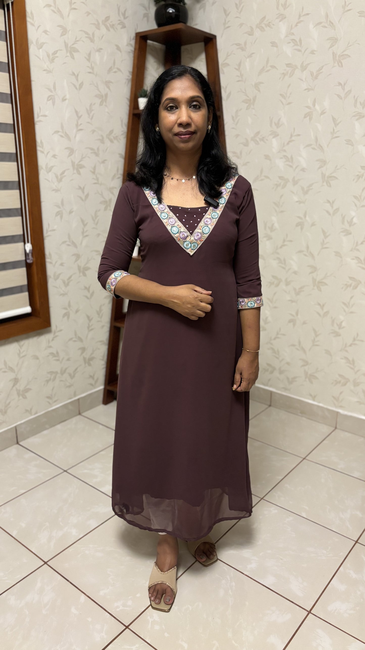 Maanvi Coffee Brown Georgette A-Line Kurti with Lace Detail & French Knot Work | MA-2031