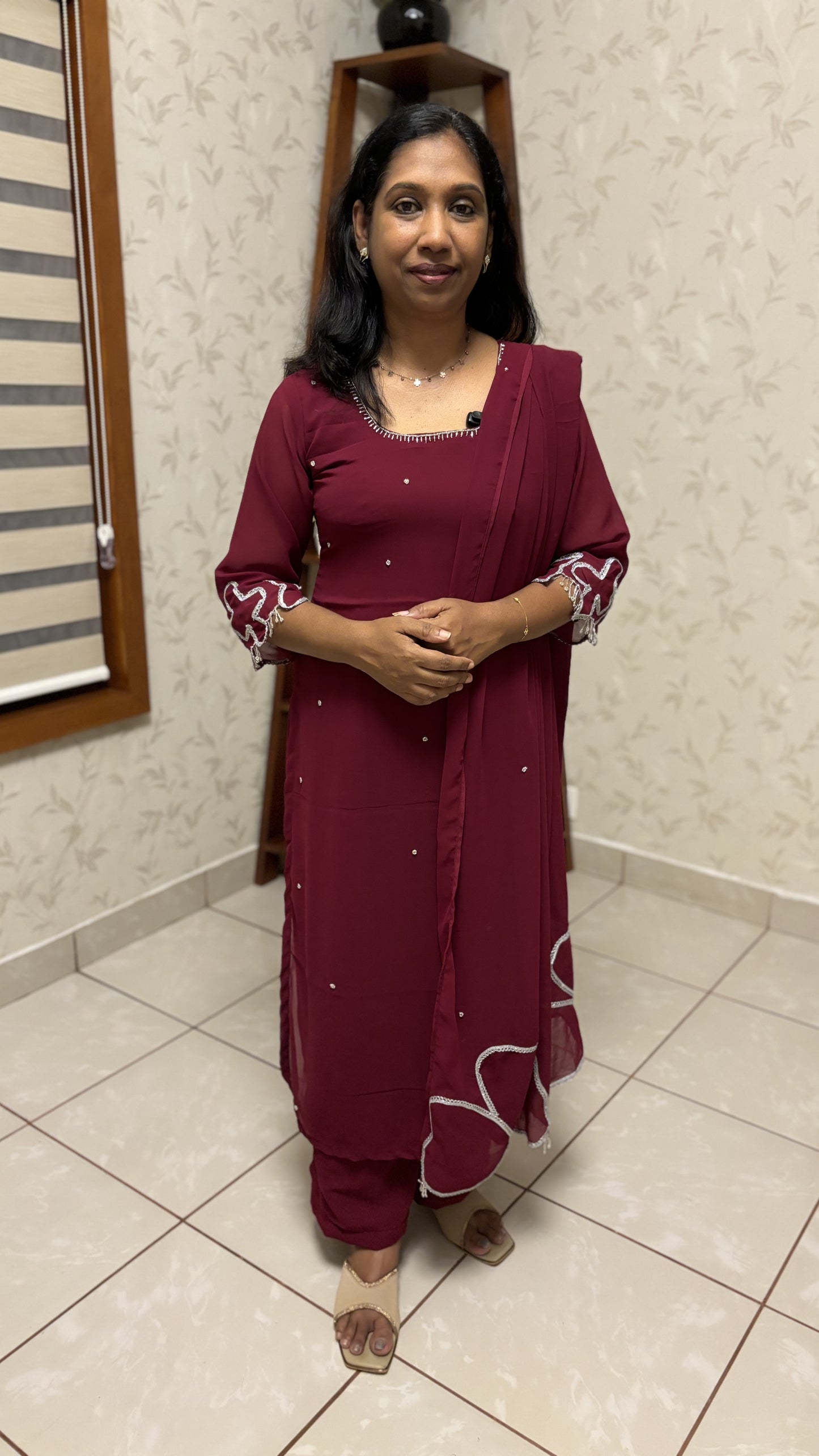 Maanvi Dark Maroon Georgette Slitted Party Wear Kurti Set with Cut Bead Work & Bhutta Detail | 3 Piece Set | MA-2030