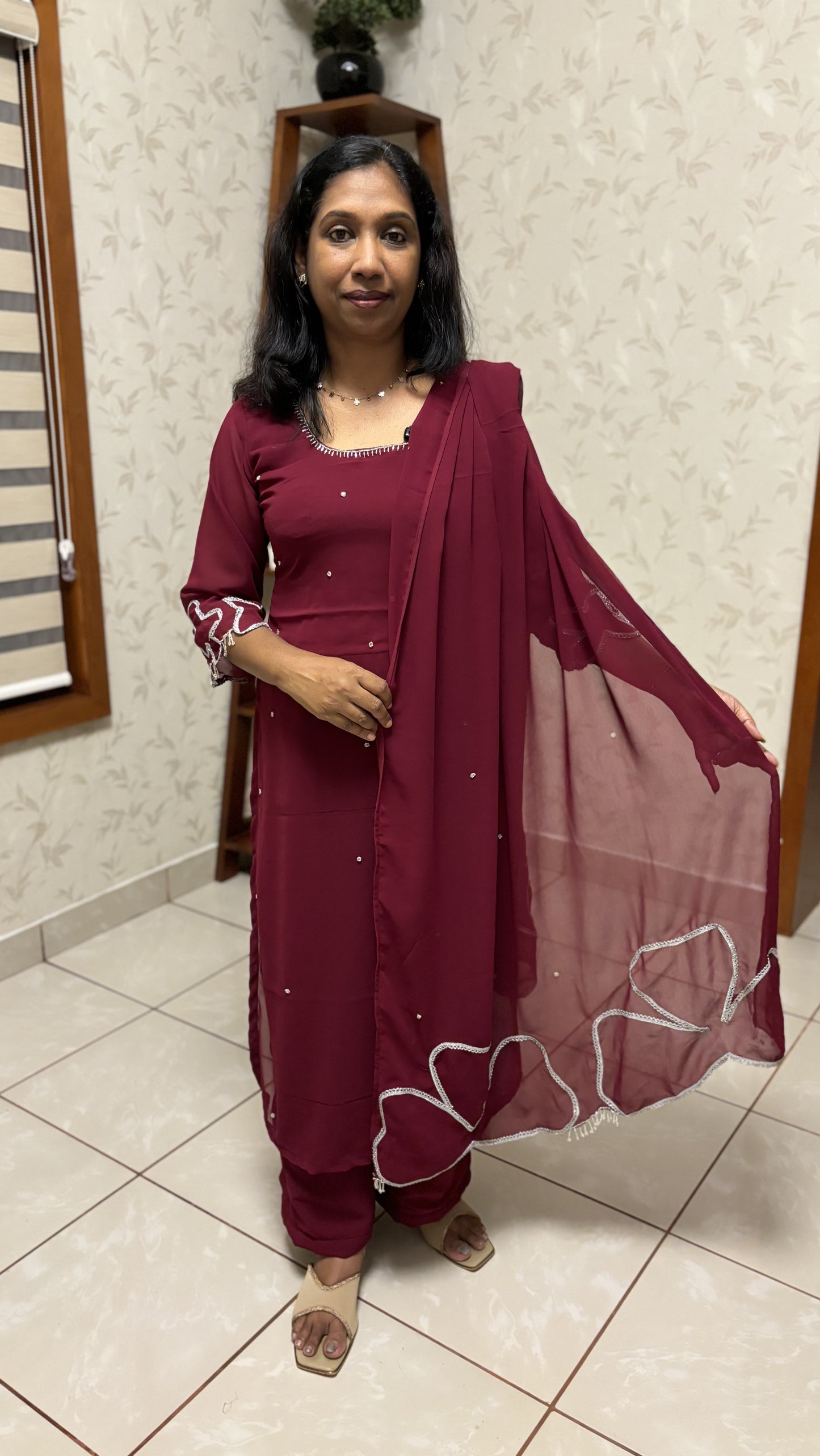 Maanvi Dark Maroon Georgette Slitted Party Wear Kurti Set with Cut Bead Work & Bhutta Detail | 3 Piece Set | MA-2030