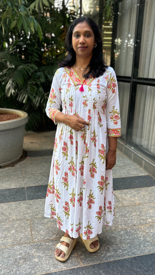 Maanvi White Pure Cotton A-Line Kurti with Pintuck & Border Detail | Pink Printed Ethnic Wear | MA-2036
