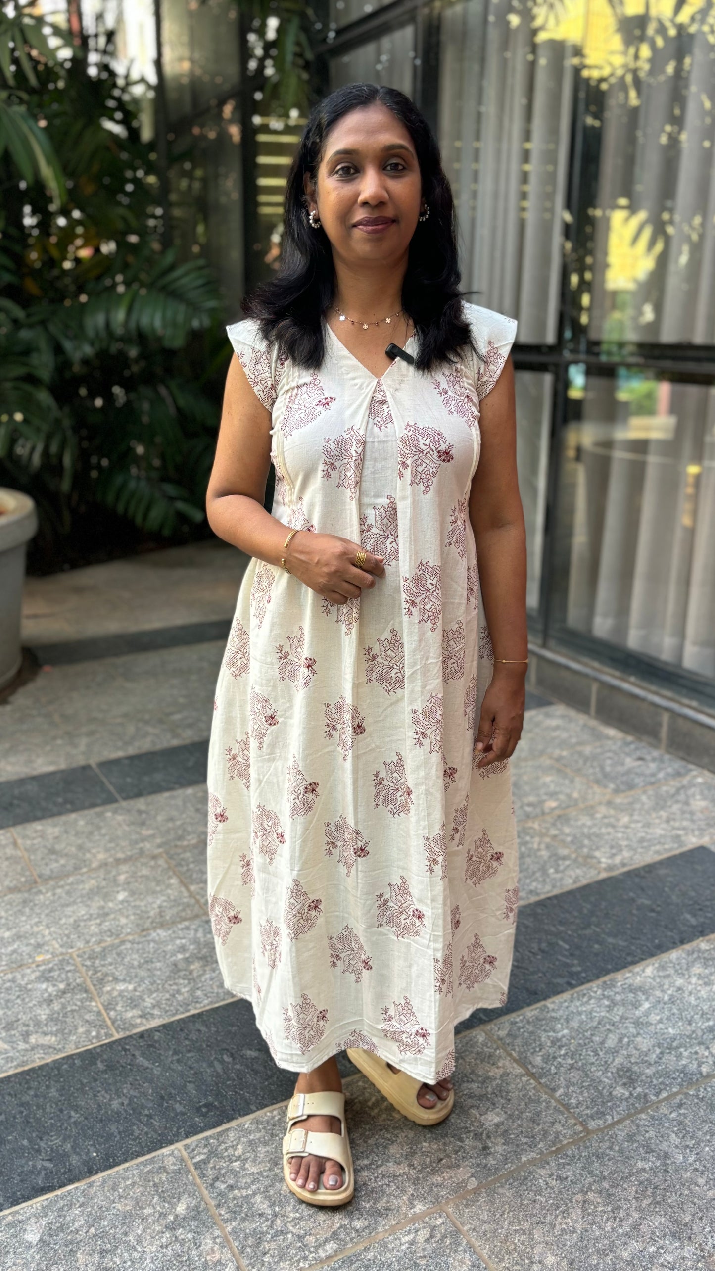 Maanvi Cream Khadi Cotton Kurti with Maroon Print & Inverted Box Pleat Detail | MA-2035