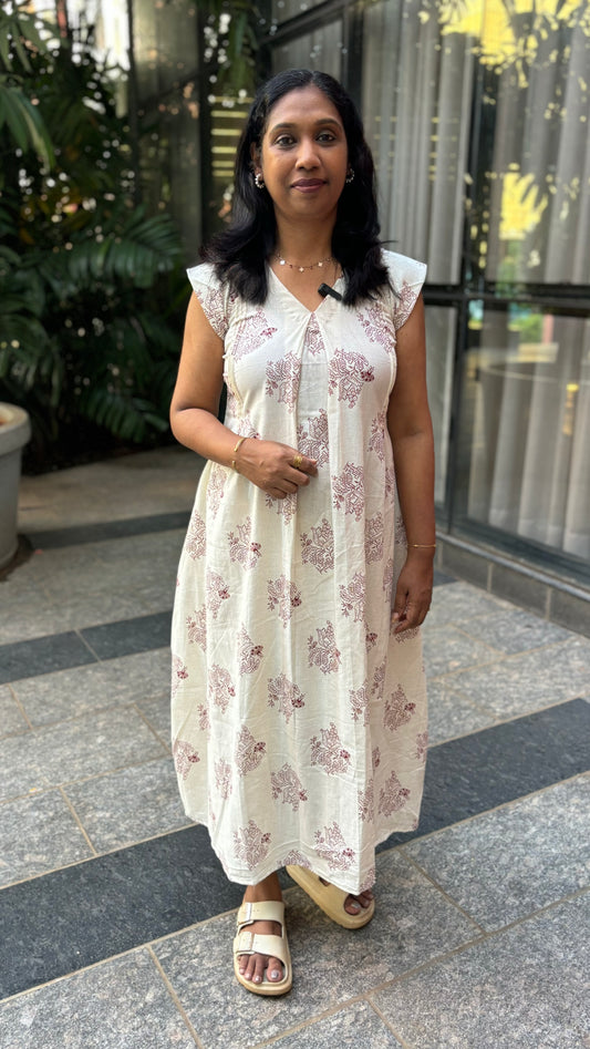 Maanvi Cream Khadi Cotton Kurti with Maroon Print & Inverted Box Pleat Detail | MA-2035
