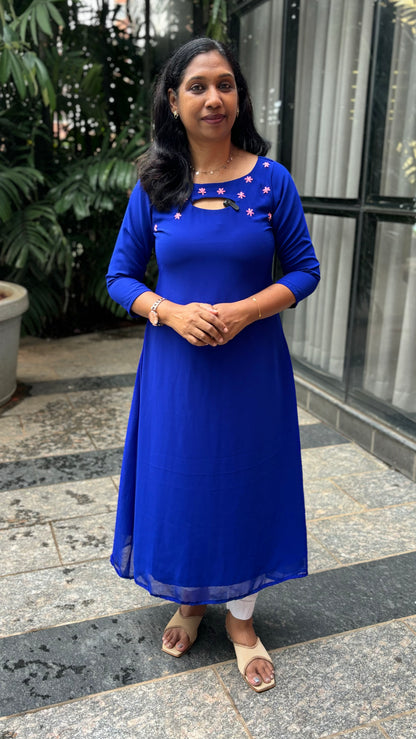 Maanvi Electric Blue Faux Georgette A-Line Kurti with Hand Embroidery Detail | MA-2041