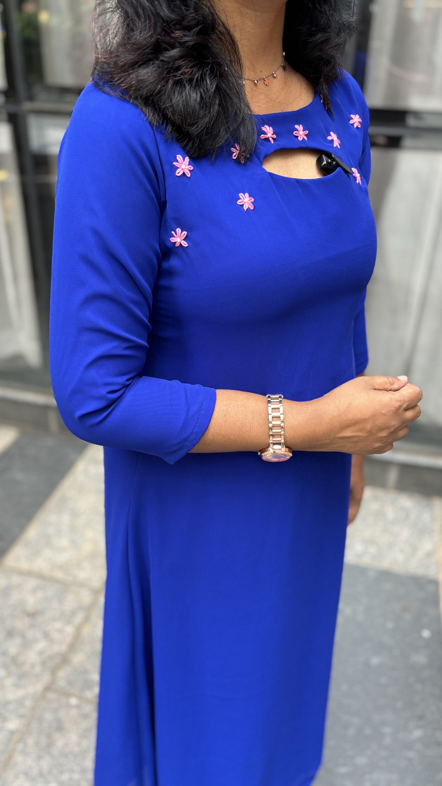 Maanvi Electric Blue Faux Georgette A-Line Kurti with Hand Embroidery Detail | MA-2041