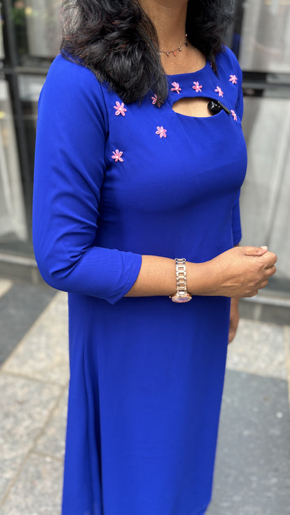 Maanvi Electric Blue Faux Georgette A-Line Kurti with Hand Embroidery Detail | MA-2041