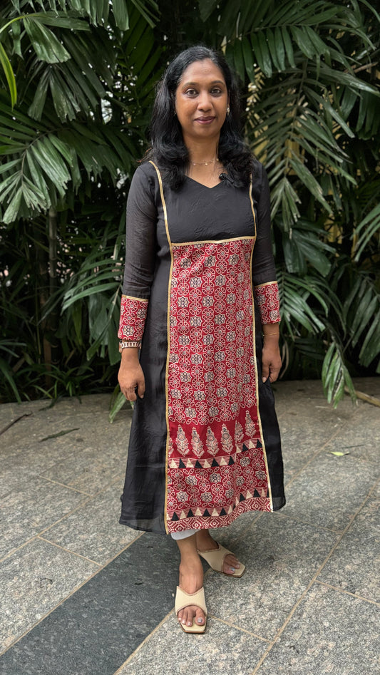 Maanvi Black Chanderi A-Line Kurti with Ajrakh Patch Work & Lace Detail | MA-2043