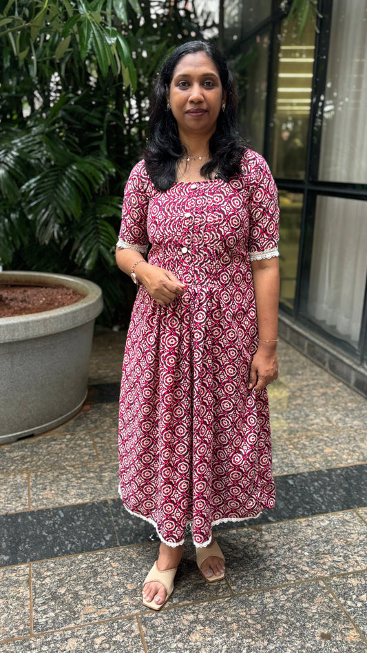 Maanvi Cotton Frock with Pintuck, Button & Lace Detail | MA-2044
