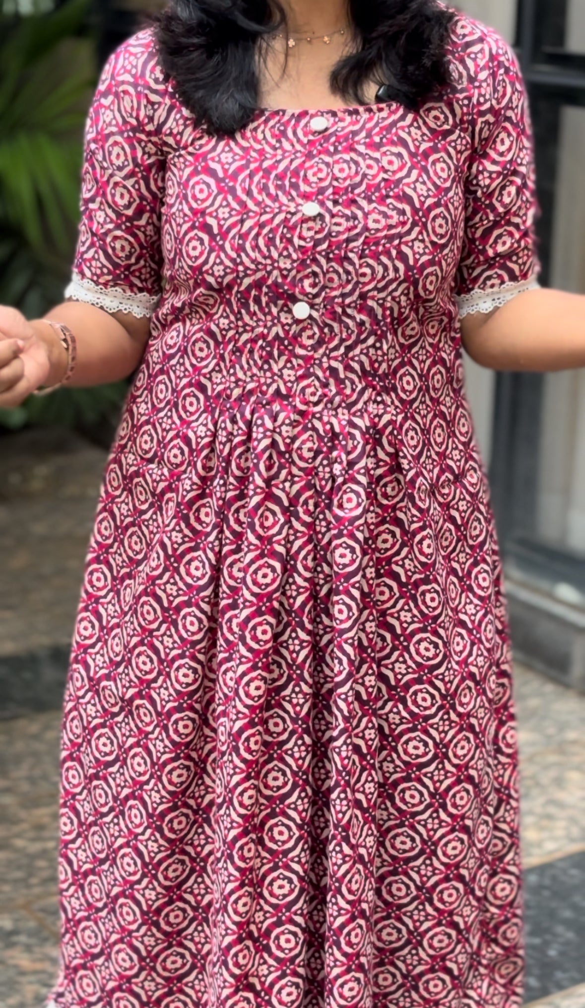 Maanvi Cotton Frock with Pintuck, Button & Lace Detail | MA-2044
