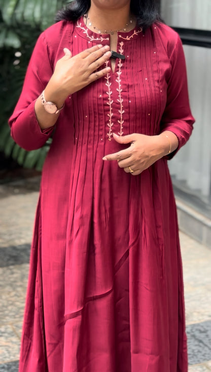 Maanvi Dark Maroon Chanderi A-Line Kurti with Hand Embroidery & Stone Detail | MA-2046