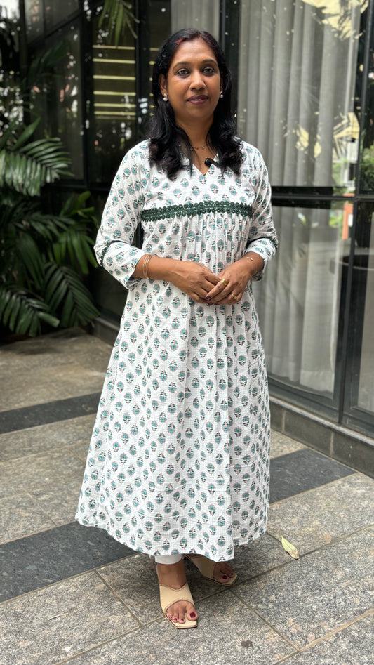 Maanvi White Pure Cotton A-Line Kurti with Lace & Gather Detail | MA-2052