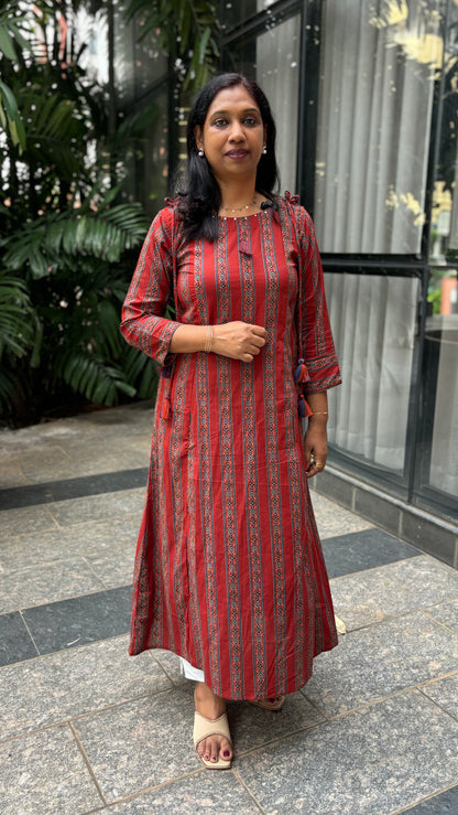 Maanvi Cotton A-Line Kurti with Sequin Work & Tassel Detail | Boat Neck | MA-2053